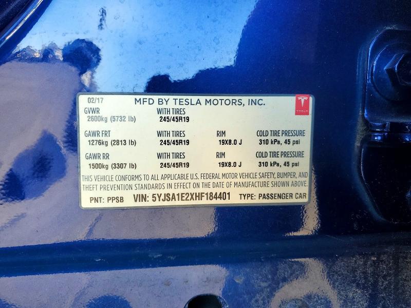 Продажа на аукционе авто 2017 Tesla Model S, vin: 5YJSA1E2XHF184401, номер лота: 99264555