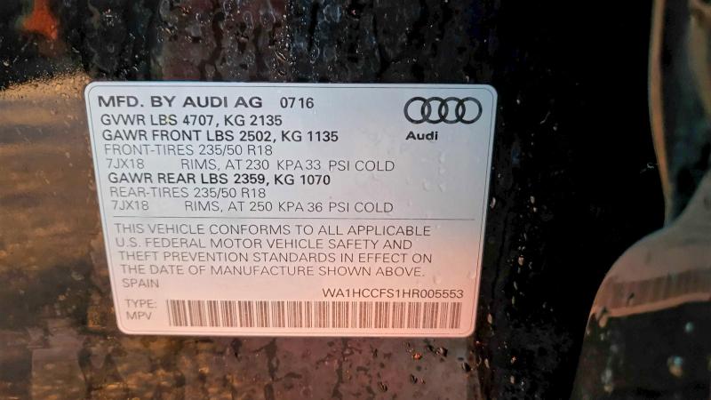2017 Audi Q3 Premium მანქანა იყიდება აუქციონზე, vin: WA1HCCFS1HR005553, აუქციონის ნომერი: 73767465