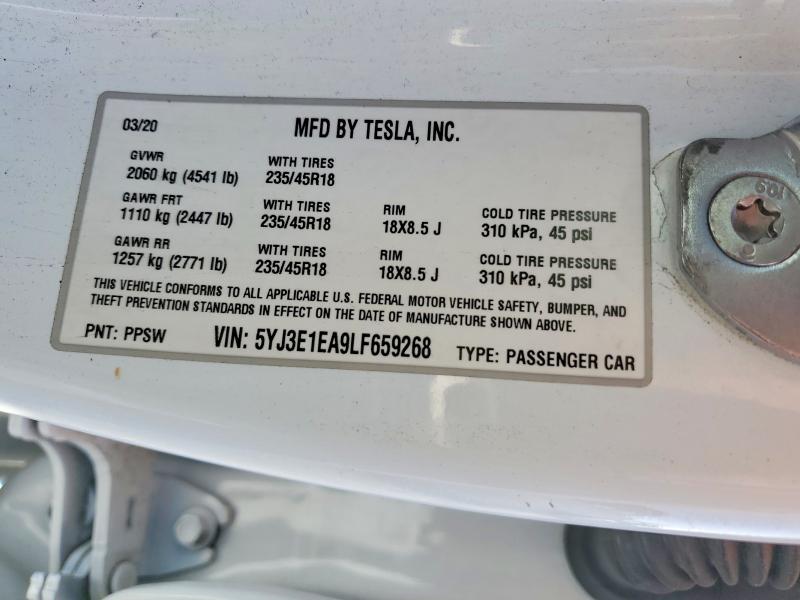2020 Tesla Model 3 მანქანა იყიდება აუქციონზე, vin: 5YJ3E1EA9LF659268, აუქციონის ნომერი: 75237295