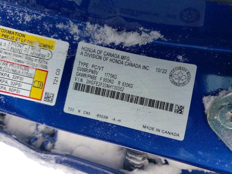 Aukcja sprzedaży 2022 Honda Civic, vin: 2HGFE2F33NH130352, numer aukcji: 74792865