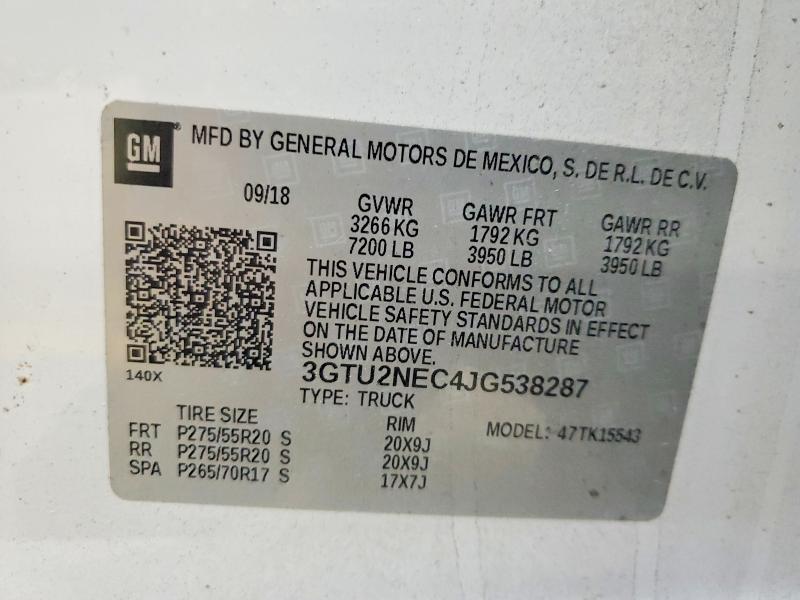 Aukcja sprzedaży 2018 Gmc Sierra, vin: 3GTU2NEC4JG538287, numer aukcji: 72184405