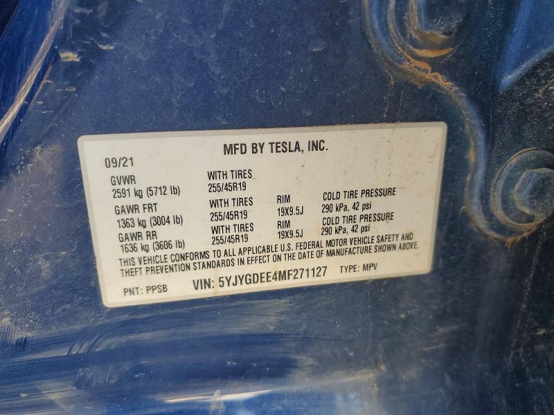 2021 Tesla Model Y მანქანა იყიდება აუქციონზე, vin: 5YJYGDEE4MF271127, აუქციონის ნომერი: 73328045