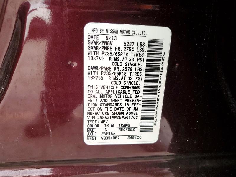 2014 Nissan Murano S მანქანა იყიდება აუქციონზე, vin: JN8AZ1MW2EW501706, აუქციონის ნომერი: 74378665