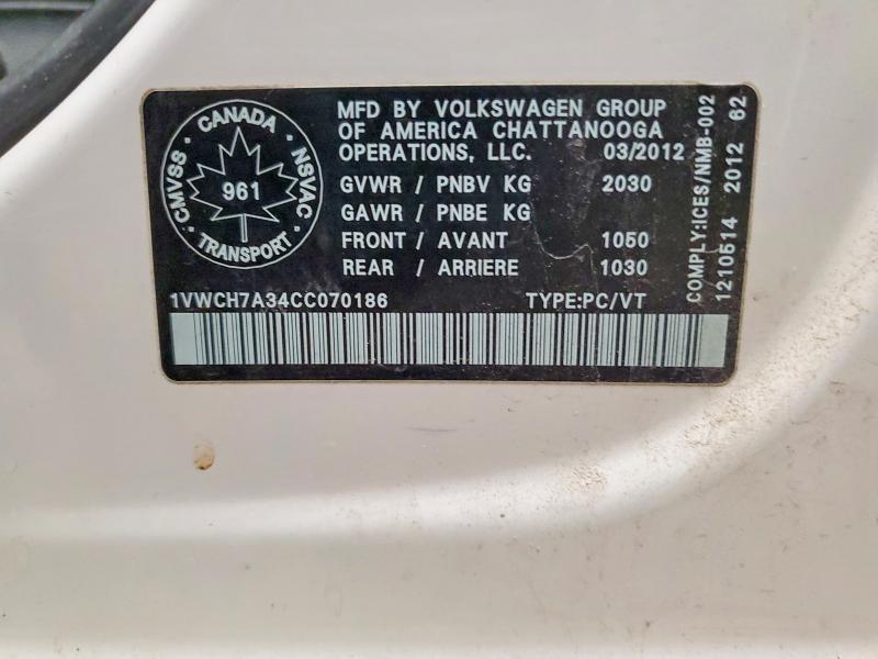Aukcja sprzedaży 2012 Volkswagen Passat, vin: 1VWCH7A34CC070186, numer aukcji: 74433025