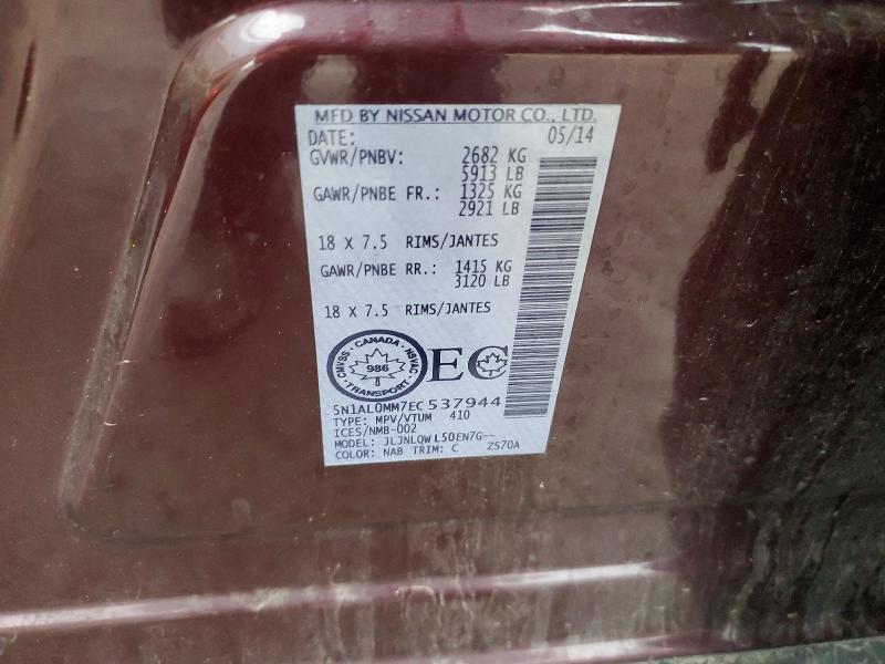 72428875 :رقم المزاد ، 5N1AL0MM7EC537944 vin ، 2014 Infiniti Qx60 مزاد بيع