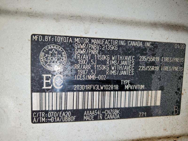 Aukcja sprzedaży 2020 Toyota Rav4, vin: 2T3D1RFV3LW102818, numer aukcji: 74296115