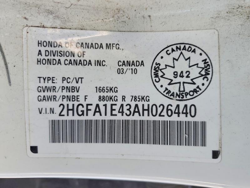 Продажа на аукционе авто 2010 Honda Civic, vin: 2HGFA1E43AH026440, номер лота: 74416075