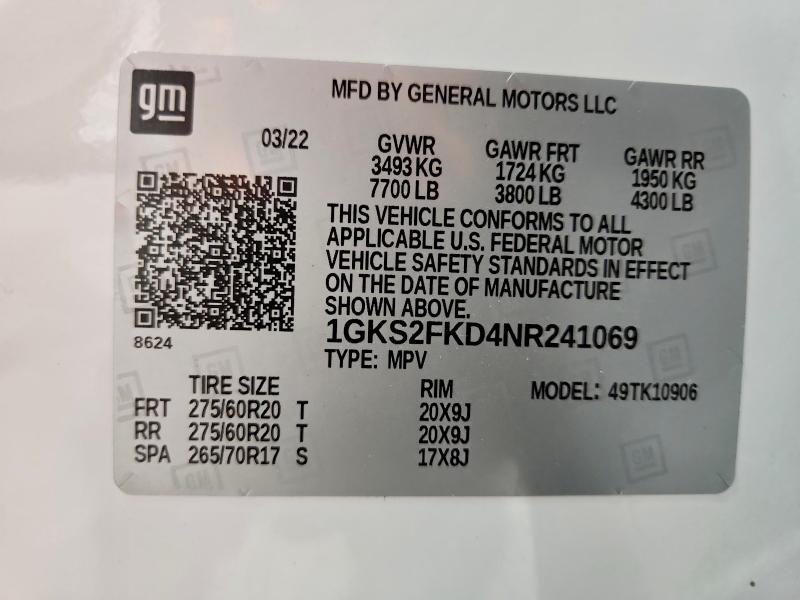 72698285 :رقم المزاد ، 1GKS2FKD4NR241069 vin ، 2022 Gmc Yukon Xl مزاد بيع