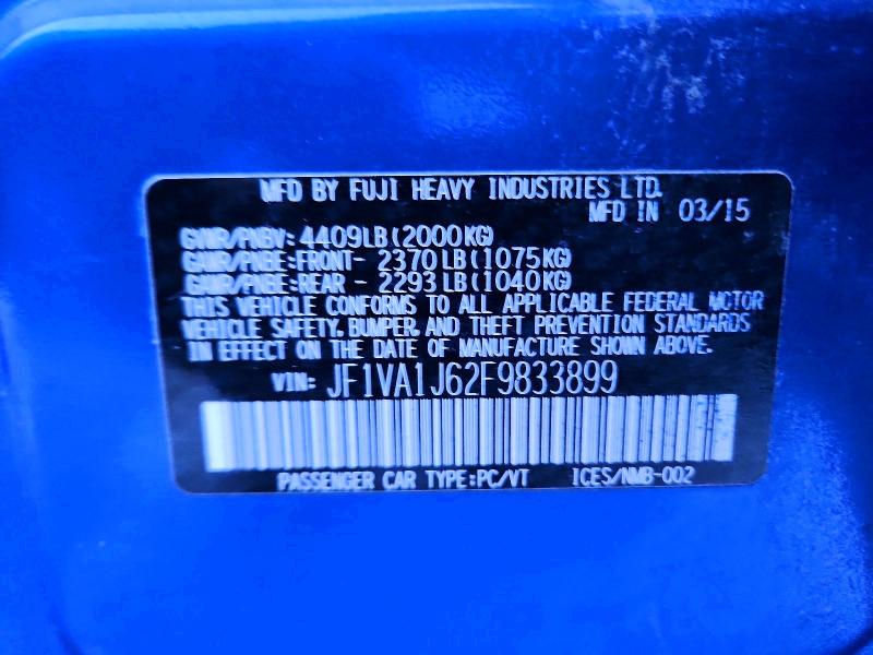 Aukcja sprzedaży 2015 Subaru Wrx Limite, vin: JF1VA1J62F9833899, numer aukcji: 72865365