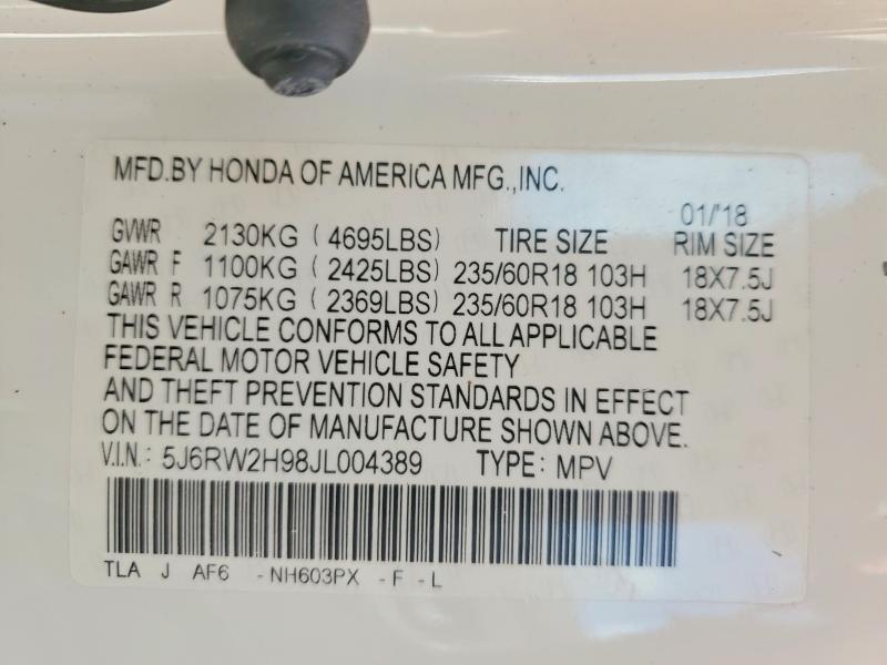 2018 Honda Cr-v მანქანა იყიდება აუქციონზე, vin: 5J6RW2H98JL004389, აუქციონის ნომერი: 73149565