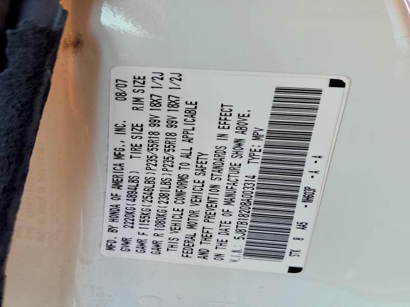 74899115 :رقم المزاد ، 5J8TB18208A003314 vin ، 2008 Acura Rdx مزاد بيع