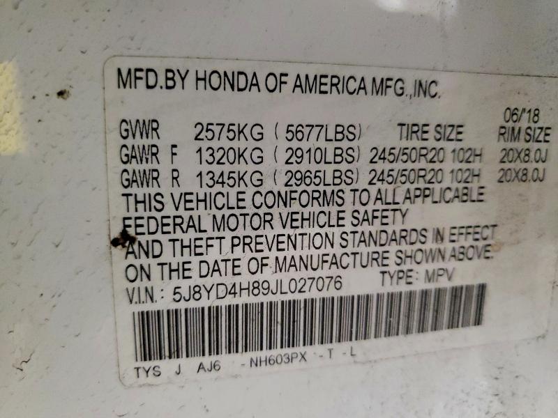 75225835 :رقم المزاد ، 5J8YD4H89JL027076 vin ، 2018 Acura Mdx مزاد بيع