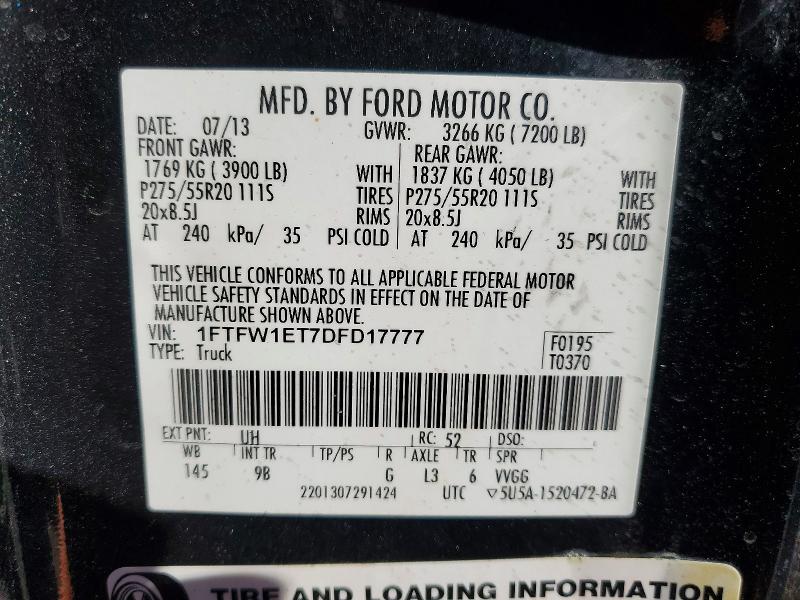 2013 Ford F150 მანქანა იყიდება აუქციონზე, vin: 1FTFW1ET7DFD17777, აუქციონის ნომერი: 73457165