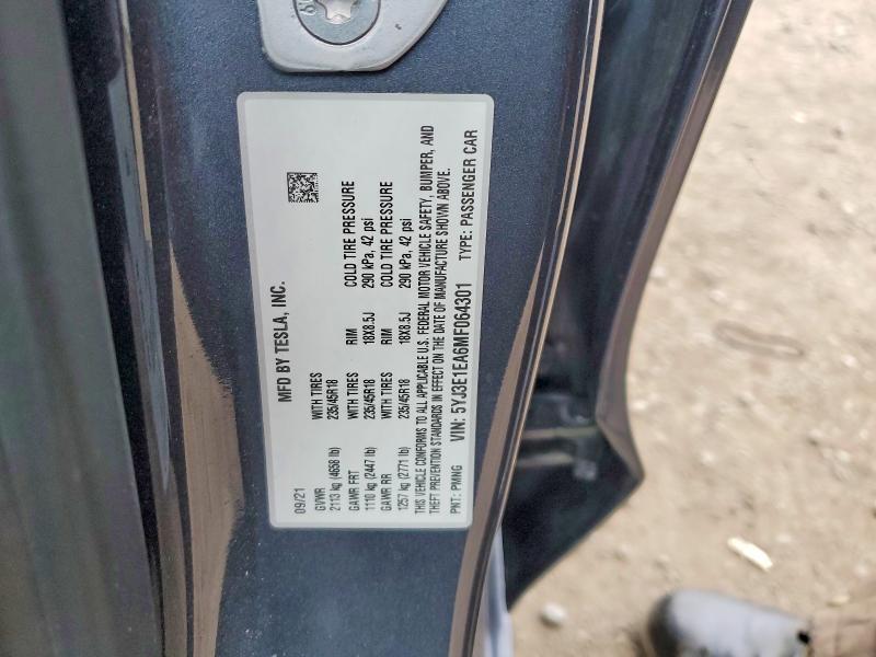 Продаж на аукціоні авто 2021 Tesla Model 3, vin: 5YJ3E1EA6MF064301, номер лоту: 72460485