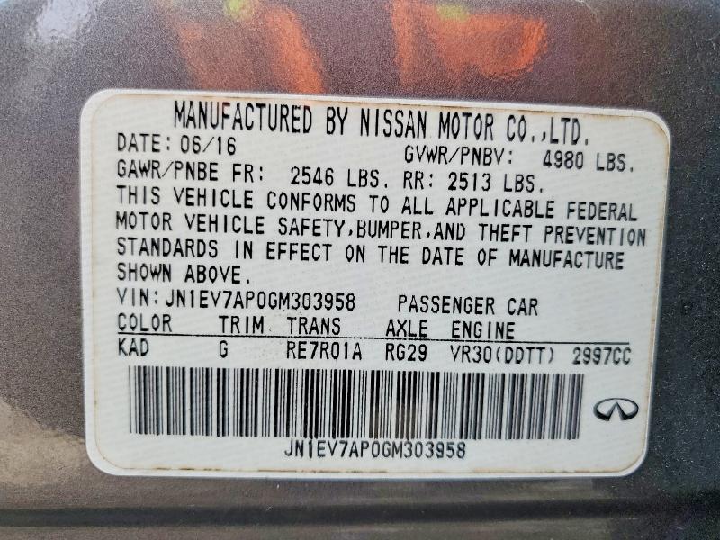 73586895 :رقم المزاد ، JN1EV7AP0GM303958 vin ، 2016 Infiniti Q50 مزاد بيع