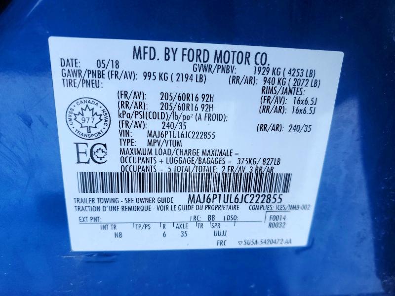 Aukcja sprzedaży 2018 Ford Ecosport, vin: MAJ6P1UL6JC222855, numer aukcji: 74052155
