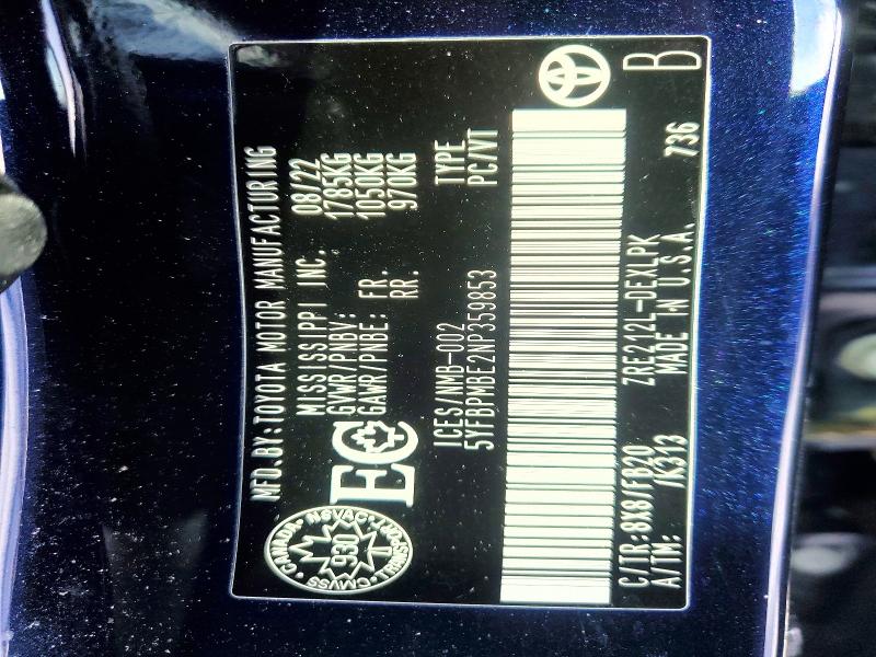 72871805 :رقم المزاد ، 5YFBPMBE2NP359853 vin ، 2022 Toyota Corolla مزاد بيع