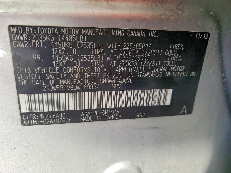 2013 Toyota Rav4 მანქანა იყიდება აუქციონზე, vin: 2T3WFREV8DW069957, აუქციონის ნომერი: 74678415
