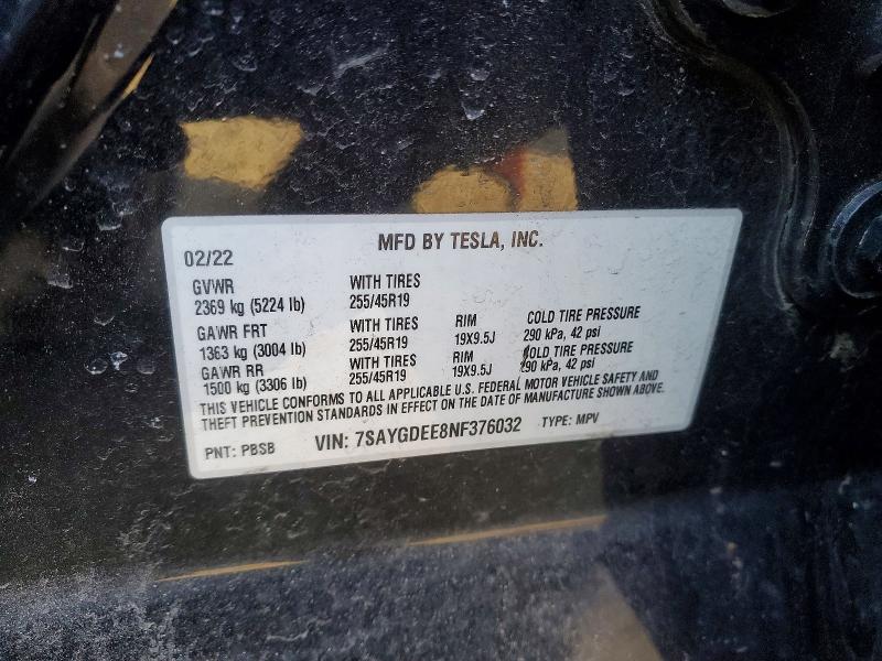 73062775 :رقم المزاد ، 7SAYGDEE8NF376032 vin ، 2022 Tesla Model Y مزاد بيع