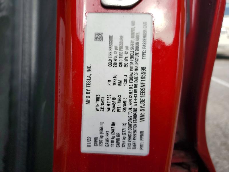 Aukcja sprzedaży 2022 Tesla Model 3, vin: 5YJ3E1EB9NF165598, numer aukcji: 98799095