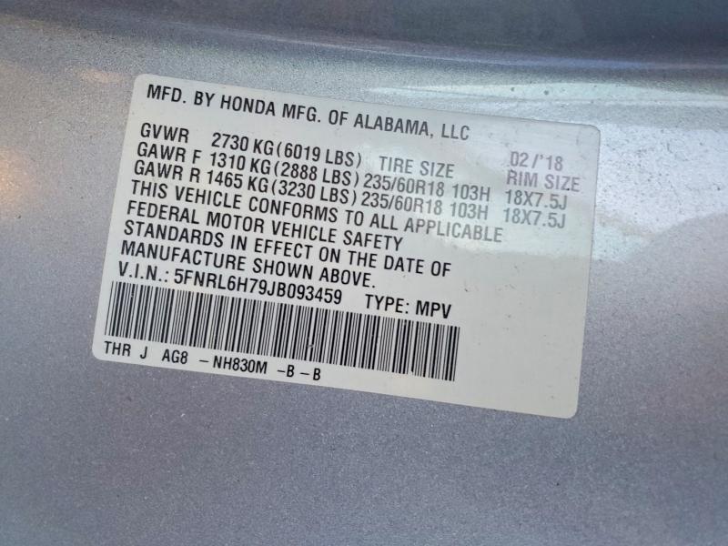 2018 Honda Odyssey მანქანა იყიდება აუქციონზე, vin: 5FNRL6H79JB093459, აუქციონის ნომერი: 72885145