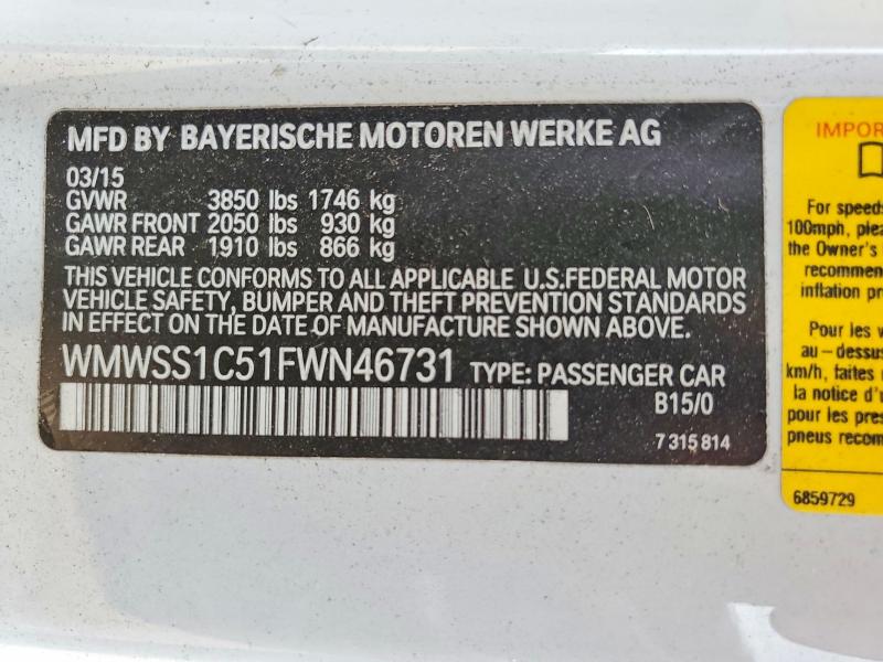 2015 Mini Cooper მანქანა იყიდება აუქციონზე, vin: WMWSS1C51FWN46731, აუქციონის ნომერი: 74411745