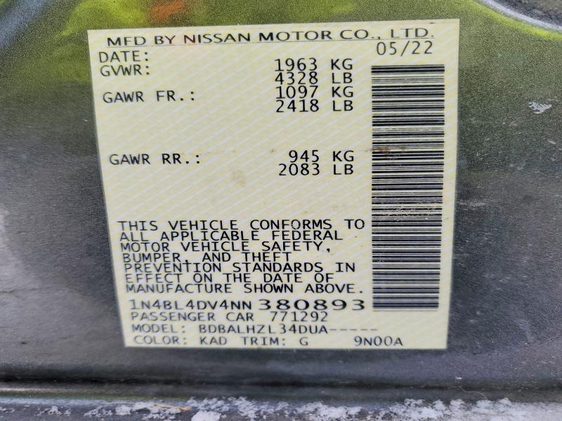 Aukcja sprzedaży 2022 Nissan Altima, vin: 1N4BL4DV4NN380893, numer aukcji: 73481895