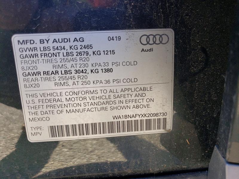 2019 Audi Q5 მანქანა იყიდება აუქციონზე, vin: WA1BNAFYXK2098730, აუქციონის ნომერი: 99229605
