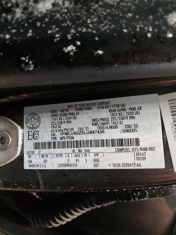 Auction sale of the 2020 Ford Escape, vin: 1FMCU9DZ5LUB87436, lot number: 97611885