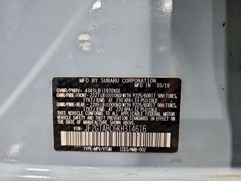 Aukcja sprzedaży 2019 Subaru Crosstrek, vin: JF2GTABC6KH314616, numer aukcji: 98680185