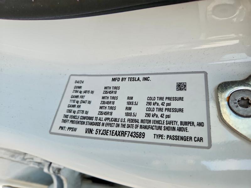 73866915 :رقم المزاد ، 5YJ3E1EAXRF743589 vin ، 2024 Tesla Model 3 مزاد بيع