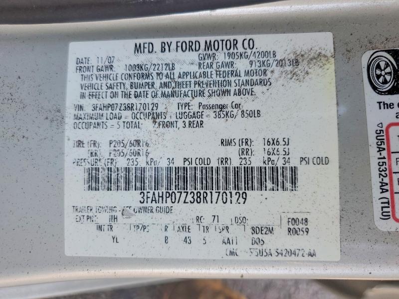 Aukcja sprzedaży 2008 Ford Fusion, vin: 3FAHP07Z38R170129, numer aukcji: 72469995