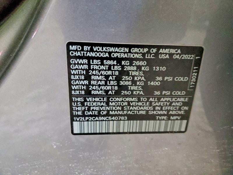 Продаж на аукціоні авто 2022 Volkswagen Atlas, vin: 1V2LP2CA9NC540783, номер лоту: 75302735