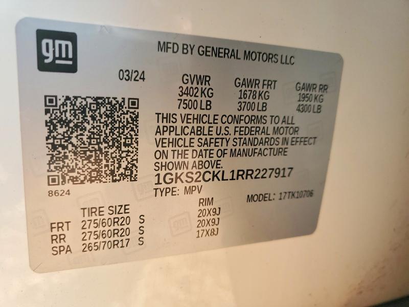 75358385 :رقم المزاد ، 1GKS2CKL1RR227917 vin ، 2024 Gmc Yukon مزاد بيع