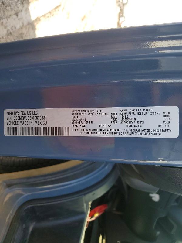 2021 Ram Promaster მანქანა იყიდება აუქციონზე, vin: 3C6MRVJG6ME579581, აუქციონის ნომერი: 97182605