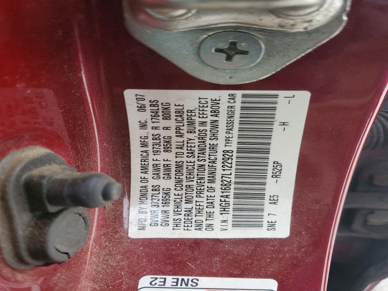2007 Honda Civic Ex მანქანა იყიდება აუქციონზე, vin: 1HGFA16827L122928, აუქციონის ნომერი: 73046285