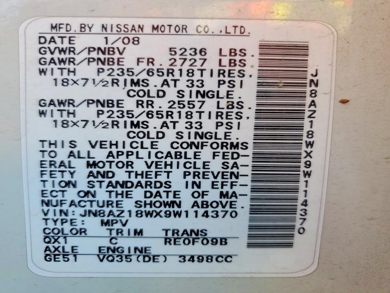 Aukcja sprzedaży 2009 Nissan Murano, vin: JN8AZ18WX9W114370, numer aukcji: 72232685