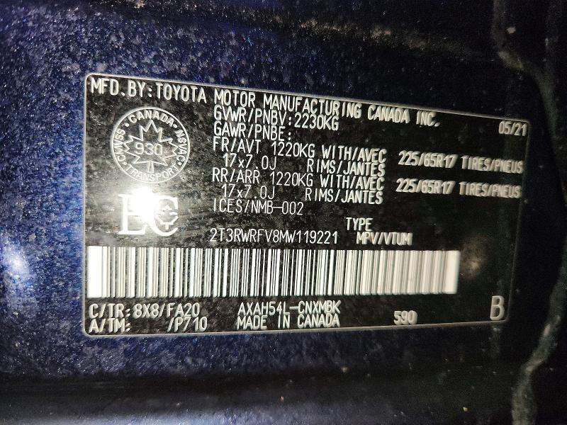 Aukcja sprzedaży 2021 Toyota Rav4, vin: 2T3RWRFV8MW119221, numer aukcji: 99289455