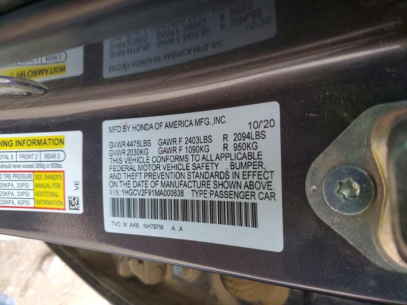 98781965 :رقم المزاد ، 1HGCV2F91MA000638 vin ، 2021 Honda Accord مزاد بيع