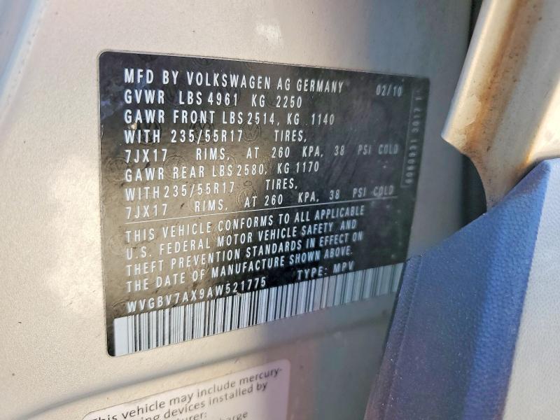 75220445 :رقم المزاد ، WVGBV7AX9AW521775 vin ، 2010 Volkswagen Tiguan Se مزاد بيع