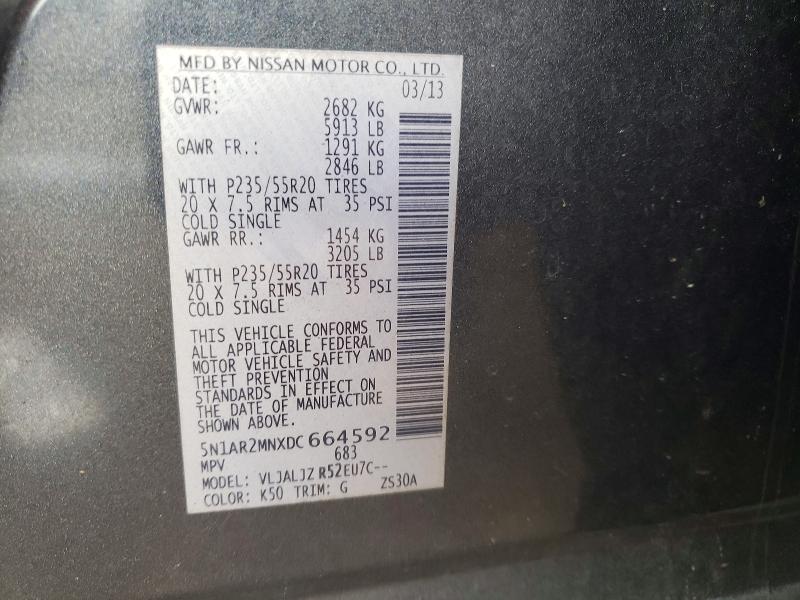 Продаж на аукціоні авто 2013 Nissan Pathfinder, vin: 5N1AR2MNXDC664592, номер лоту: 48434966