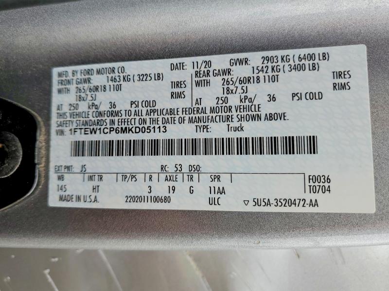 2021 Ford F150 მანქანა იყიდება აუქციონზე, vin: 1FTEW1CP6MKD05113, აუქციონის ნომერი: 74238485