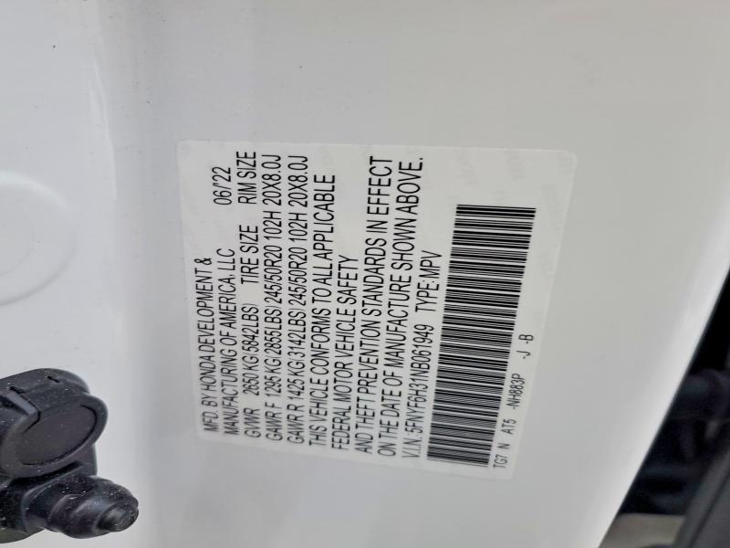 97924885 :رقم المزاد ، 5FNYF6H31NB061949 vin ، 2022 Honda Pilot مزاد بيع