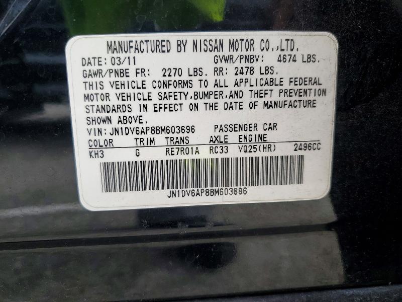 99545875 :رقم المزاد ، JN1DV6AP8BM603696 vin ، 2011 Infiniti G25 Base مزاد بيع