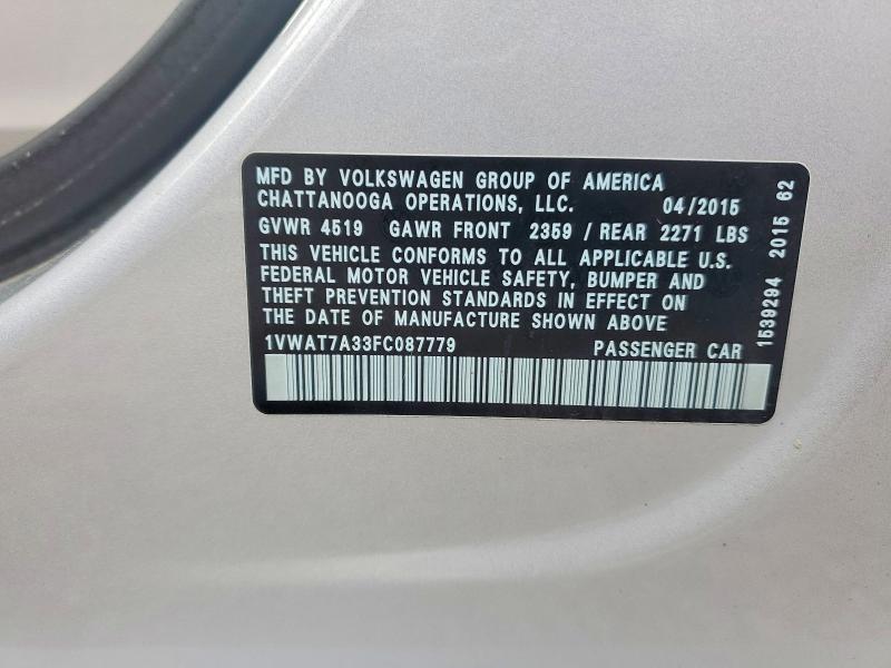 2015 Volkswagen Passat მანქანა იყიდება აუქციონზე, vin: 1VWAT7A33FC087779, აუქციონის ნომერი: 72376965