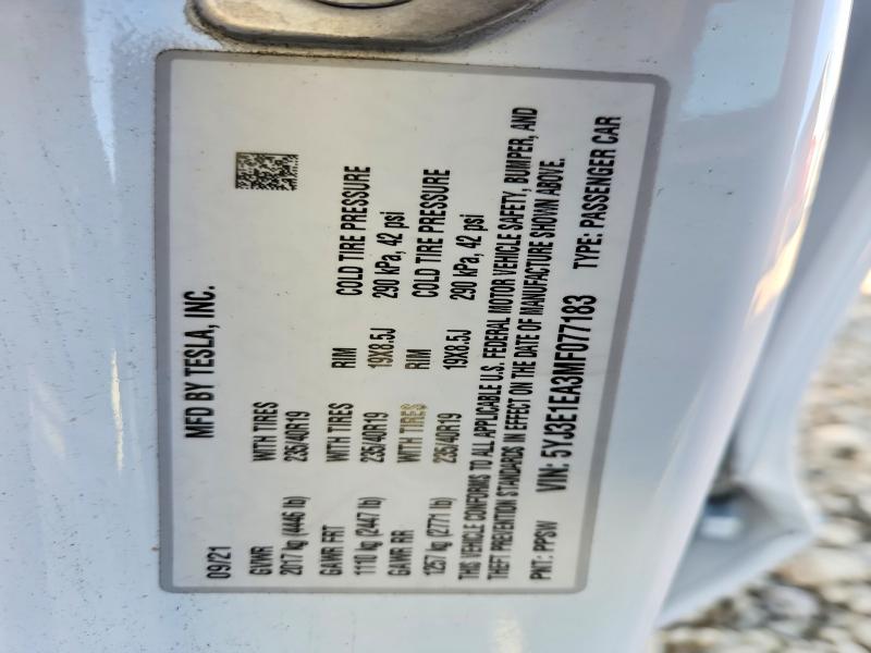 72383475 :رقم المزاد ، 5YJ3E1EA3MF077183 vin ، 2021 Tesla Model 3 مزاد بيع
