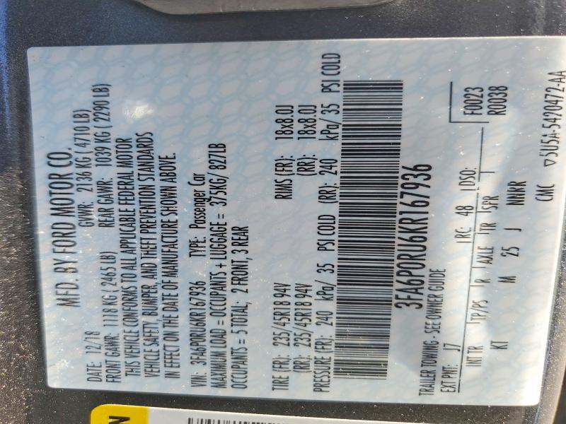 2019 Ford Fusion მანქანა იყიდება აუქციონზე, vin: 3FA6P0RU6KR167936, აუქციონის ნომერი: 74495645
