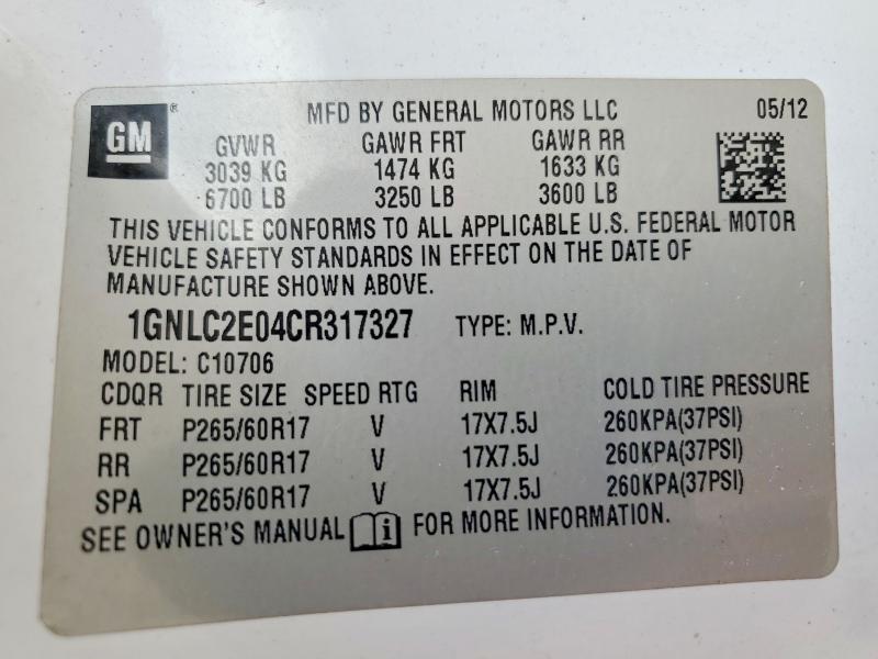 2012 Chevrolet Tahoe მანქანა იყიდება აუქციონზე, vin: 1GNLC2E04CR317327, აუქციონის ნომერი: 72206515