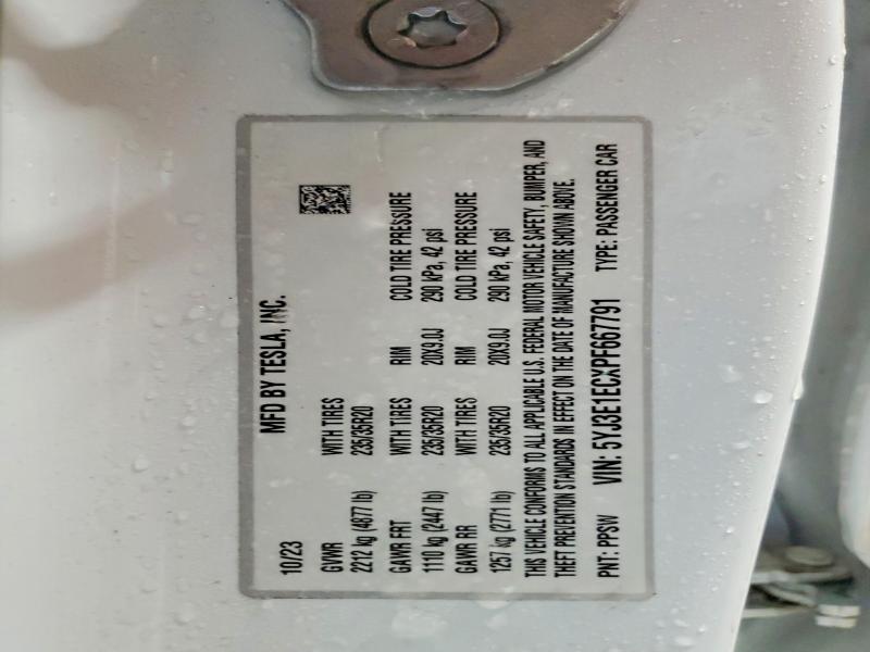 2023 Tesla Model 3 მანქანა იყიდება აუქციონზე, vin: 5YJ3E1ECXPF667791, აუქციონის ნომერი: 98445675