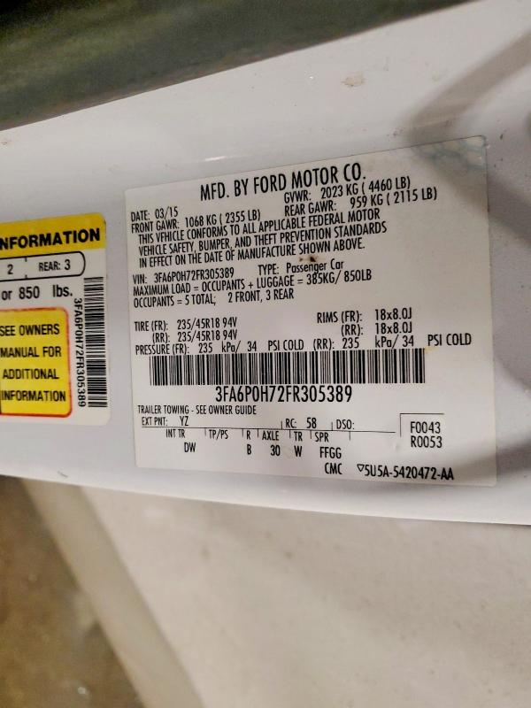 74321205 :رقم المزاد ، 3FA6P0H72FR305389 vin ، 2015 Ford Fusion مزاد بيع